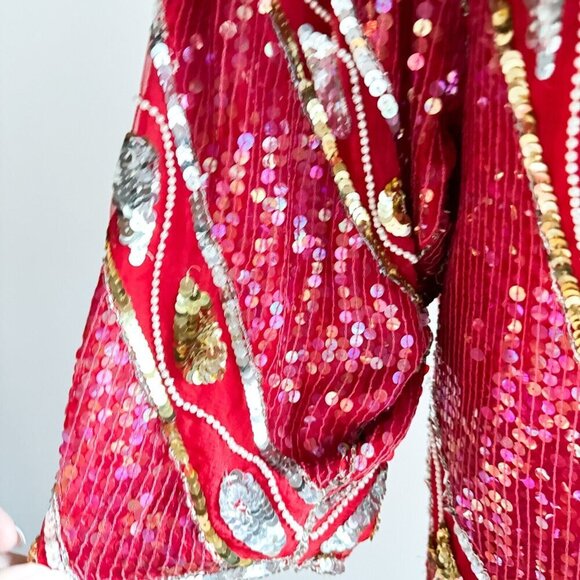 Vintage Red Silk Beaded Embroidered Long Sleeve Sheath Dress S/M - Picture 6 of 13